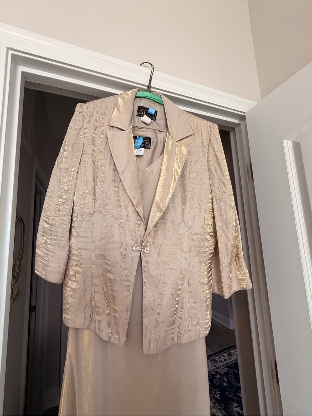 Alex Evenings Gold-Tone Crinkle Evening Jacket with Dress